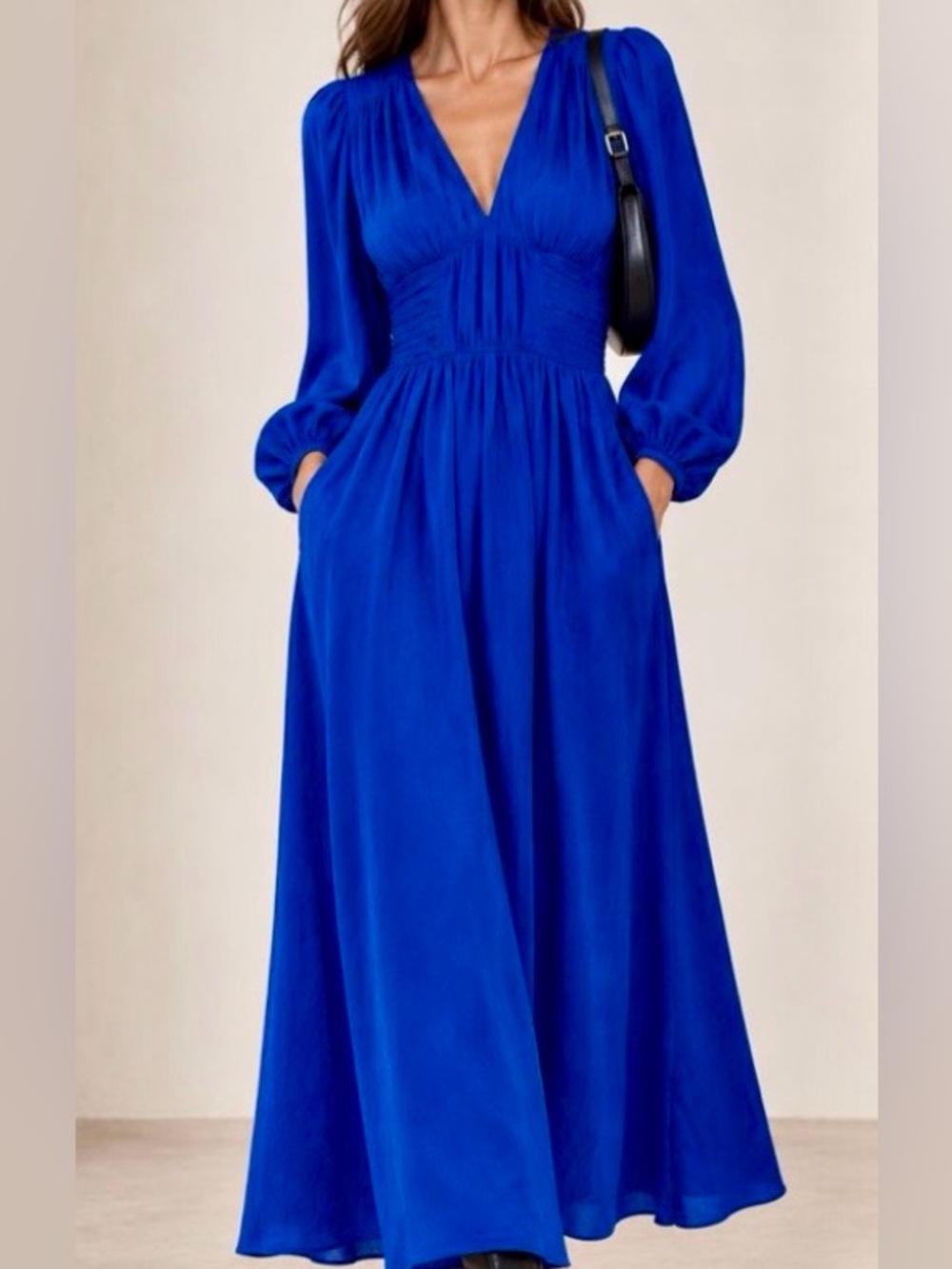 100 % Silk Habotai Sea Royal Blue V-Neck Maxi Dress with Bishop Sleeves